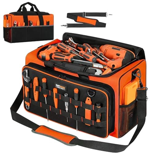 Image of TUFFWORX Large Tool Bag with Multiple Pockets, 50 x 27 x 30 CM, Heavy Duty Electrician Tool Bags with Adjustable Shoulder Strap, Multi-functional Tool Storage Organiser, Orange/Black