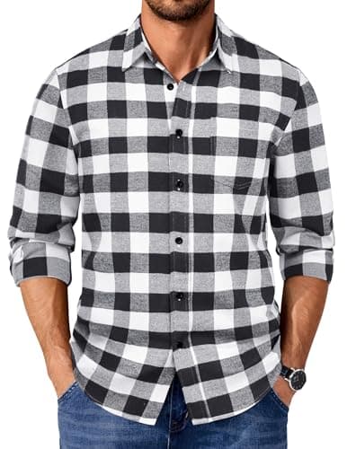 Image of COOFANDY Checked Shirts for Men UK Long Sleeve Flannel Shirt Plaid Button Lumberjack Work Shirts for Men Black White M