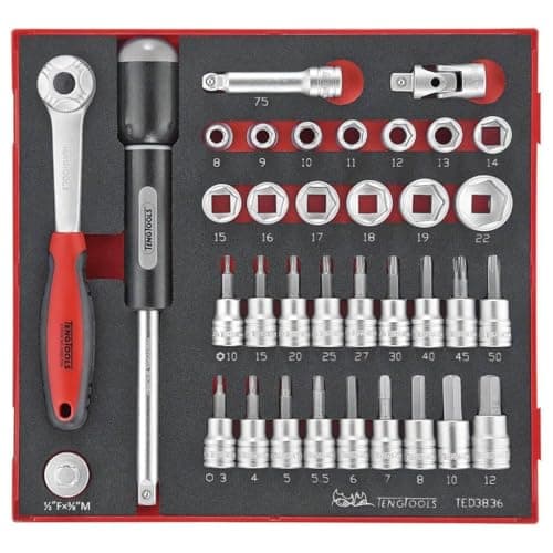 Image of Teng Tools 36 Piece 3/8 Inch Drive 6 Point Metric Regular/Shallow & Bit Foam Socket Set - TED3836, Silver
