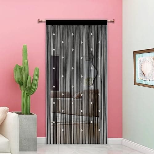 Image of Taiyuhomes Beaded Fly Insect Curtains Fly Screen For Doors Curtain Bead String Curtains For Doorways Window Decorations Room Divider Single Door Beads (Black 90x245cm)