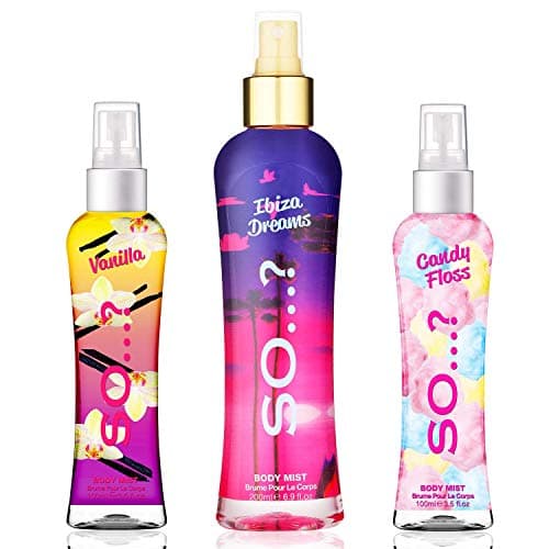Image of Body Mist by So…? Womens Candy Floss & Vanilla (100ml), Ibiza Dreams (200ml) Body Mist Mixed Fragrance Spray Bundle (Pack of 3)