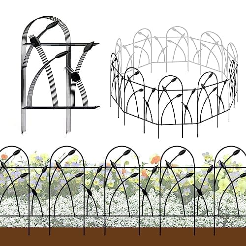 Image of Thealyn Metal Decorative Garden Fence Panels, 82cm.H x 50cm.W (10 Panels, Total Length 4.9m) No Dig Fence Rustproof Wrought Iron Landscape Fencing for Flower Bed, Trees, Animal Barrier, Black