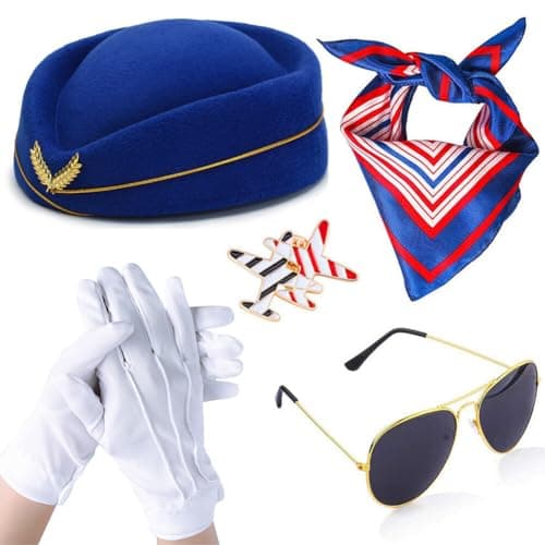 Image of 5Pcs Airline Stewardess Costume Accessories Set Womens Flight Attendant Hat Sunglasses Scarf Gloves Brooches(Blue)