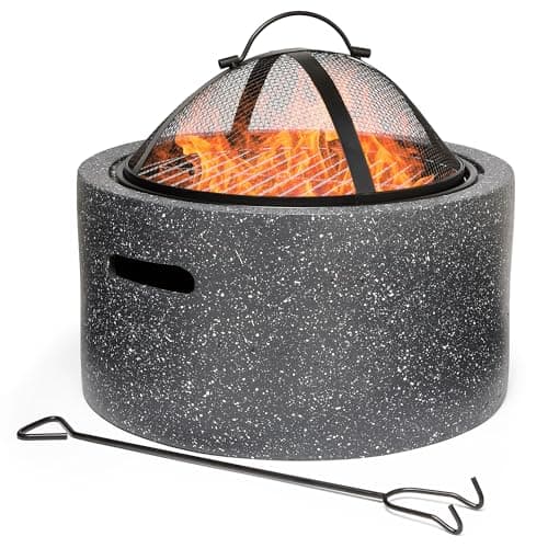 Image of VonHaus Fire Pit – 2 in 1 Firepit with BBQ Cooking Grill for Outdoor, Garden, Patio – MgO Material, Stone Effect Finish, Fire Poker & Mesh Cover Included, Carry Handles – Use Wood or Charcoal to Fuel