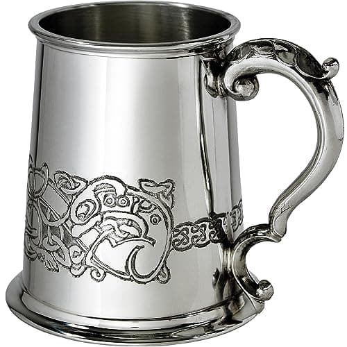 Image of Pewter Tankard with Celtic Dragon Design Scroll Handle Pure Heavy Gauge Beer Tankard Perfect for Engraved Personalised Gifts for Men and Women