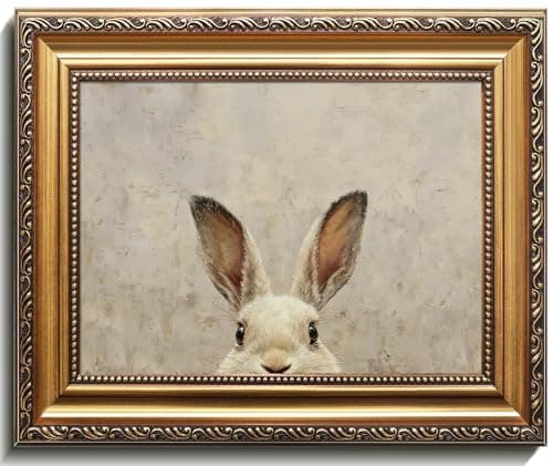 Image of Uniro Vintage Gold Framed Wall Art, Easter Bunny Wall Art Decor, Neutral Rabbit Canvas Oil Painting Poster for Rustic Easter Décor, Vintage Home Decor Animals Artwork Prints Wall Decor for Kids Room