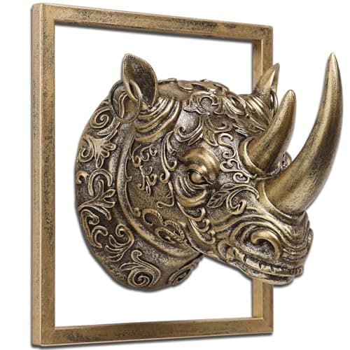 Image of JJALIGHTS Exquisite Resin Animal Head Wall Sculpture (Gift Metal Frame) - Imitation Copper Vintage Decor for Living Room, Bedroom & Office | Decorative Wall Hanging Art (Rhinoceros)