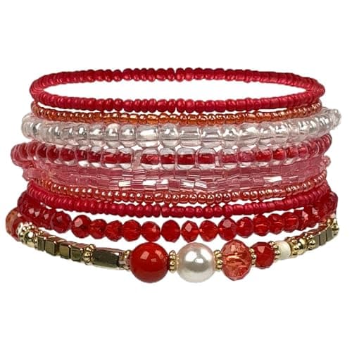 Image of APMGONT Bohemian Beaded Multi-Layer Bracelets Stackable Stretch Strand Crystal Beaded Bangles Set Boho Handmade Jewellery Gifts For Women Girls (Red)