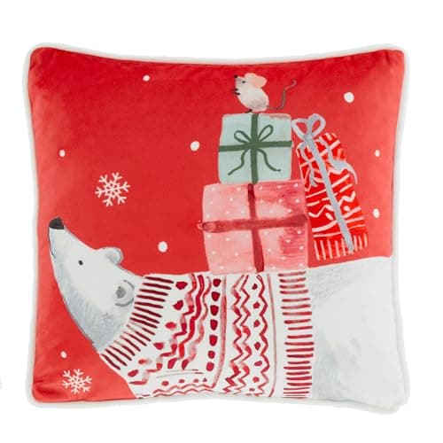 Image of Fusion Christmas Cushion – Red Polar Bear & Snowflake Design – Reversible with 2 Festive Prints – 43x43cm – Soft Filled Cushion with Cover – Holiday Decor for Sofa, Bedroom & Living Room
