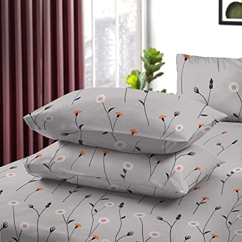 Image of RAYBedding 2 Pack Pillowcase 100% Egyptian Cotton Pillow Covers 400 Thread Count Floral Printed Poppy Grey Pillow Cases 2 Pack