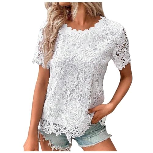 Image of Duohropke Women's Lace Summer Blouse, Stretch Crew Neck Shirt, Elegant Ruffle Short Sleeve Tops, Casual Fashion, Patterned Clothing Tops, Plain Shirt, White, L