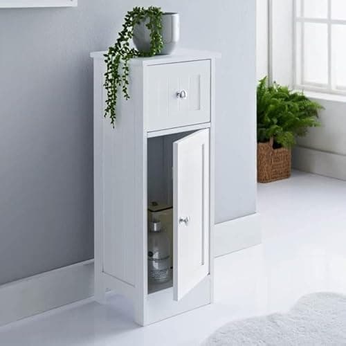 Image of RHMM White Slim Bathroom Storage Cabinet Wooden Freestanding Bathroom Floor Storage Unit with 1 Drawer & 1 Door Compact Organizer for Bathroom, Living Room or Hallway (25 x 22 x 65 cm)