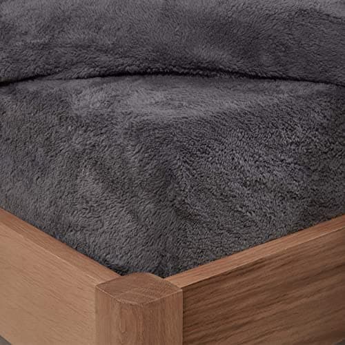 Image of Brentfords Super King Fitted Sheet, Gifts for Women Men Super Soft Warm Teddy Fleece Fitted Sheet Thermal Luxury Winter Fluffy Cuddly Teddy Bear Bedding Easy to Use Fit, Charcoal Grey