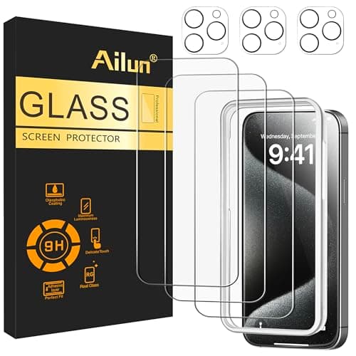 Image of Ailun 3 Pack Screen Protector for iPhone 15 Pro Max [6.7 inch] + 3 Pack Camera Lens Protector with Installation Frame,Sensor Protection,Dynamic Island Compatible,Case Friendly Tempered Glass Film
