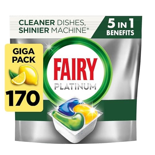 Image of Fairy Platinum Dishwasher Tablets, Lemon, 170 Capsules, Powerful Even on Tough Cleaning Challenges, Clean Dishes, Shiny Machine, Cleans Greasy Filter