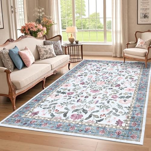 Image of CAROMIO 160x230 cm Soft Large Floral Rug, Washable Non-Slip Farmhouse Carpet for Living Room, Low Pile Foldable Area Rug for Bedroom, Dining and Nursery, Blue