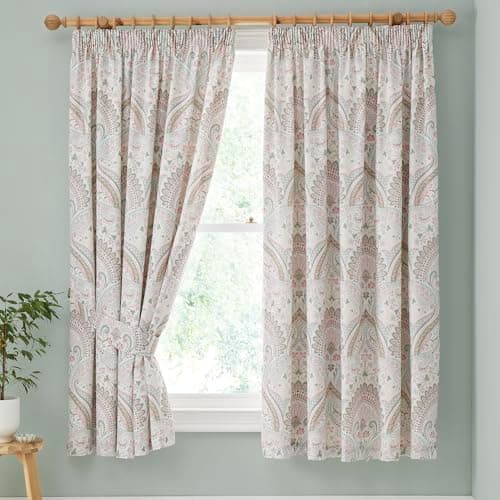 Image of Dreams & Drapes - Green Jacobean Curtains - 66 x 72 (168cm x 183cm) - Moroccan Bohemian Panels in Green - Exotic Persian Style Pencil Pleat with Tie-Backs.