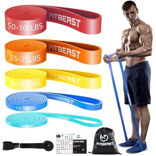 Image of FitBeast Resistance Bands Set, 5 Levels Pull Up Bands for Bodyweight Training, Powerlifting, Muscle Building, Home Gym Workout, Stretching, Stretch Bands with Door Anchor (Multicolor 5-100 LBS)