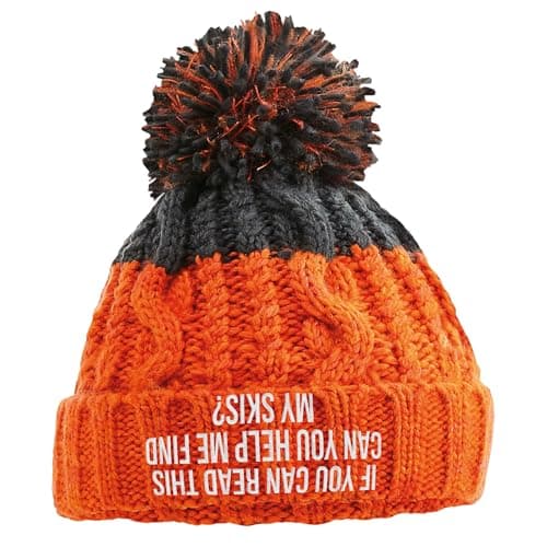 Image of Funny Skiing Apres Beanie If You Can Read This Can You Help Me Find My Skis Ski Trip Accessory Winter Walking Unisex Embroidery Hat, One Size, Orange/Grey