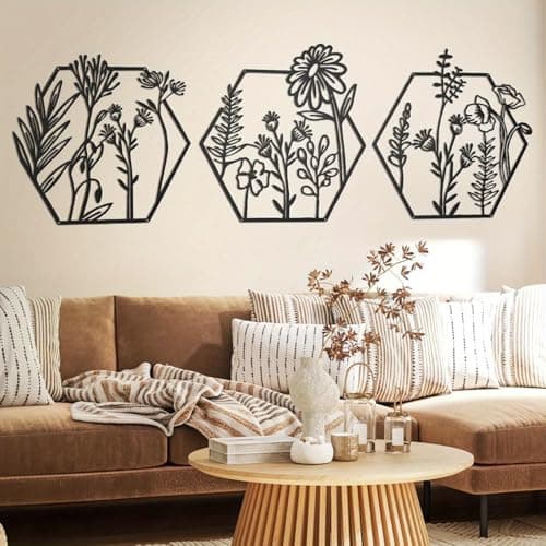 Image of BGJJGT 3 Pcs Black Metal Flower Wall Decor Art Set, Abstract Wrought Iron Sculptures for Indoor Outdoor, Modern Farmhouse Wall Art for Living Room Bathroom Hallway Garden