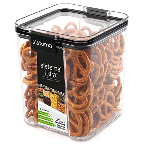 Image of Sistema Ultra Airtight Pantry Storage Container | 920 ml Square Food Storage Container | Stackable | with Locking Clips | BPA-Free | Clear with Black Accents