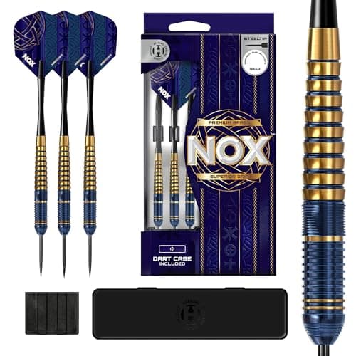 Image of Harrows Nox Steeltip Brass Darts Set in 22g, 24g or 26g – Includes Speedline Shafts, Nox Flights & Darts Case – Durable Coloured Steel Tip Darts for Precision Play (26g)