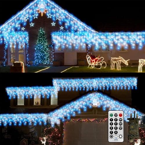Image of CORST 10M Outdoor Curtain Light Plug in, Window Curtain Fairy Lights,Long Hanging Outside Ice Lights, 400LEDs Connectable with Remote Timer for Roof,Eaves,Gazebo,Mum Gift(Blue+White)