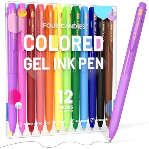 Image of Four Candies Quick Dry Ink Colored Pens Set, 12 Colors, 0.7mm Fine Point Colorful Pens for Note Taking & Drawing, Colored Gel Pens with Comfort Grip for Office & Home