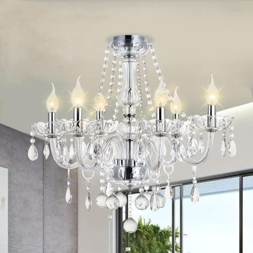 Image of A1A9 6-Light Crystal Chandelier Lights, Clear Glass 6 Arms Flush Mount Crystal Ceiling Light for Living Room, Dining Room, Hallway, Stairway, Lounge, Size: D58cm H53cm