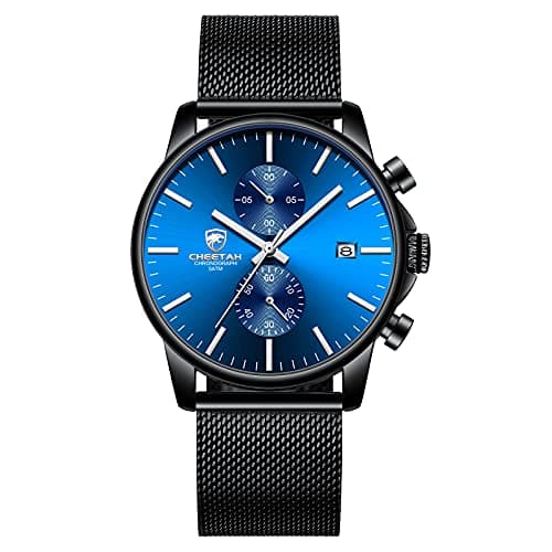 Image of GOLDEN HOUR Men’s Watch Fashion Sleek Minimalist Quartz Analog Mesh Stainless Steel Waterproof Chronograph Watches (Dark Blue)