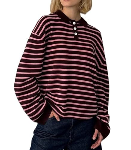 Image of Women Striped Oversized Polo Shirt Long Sleeve Lapel Collar Pullover Sweater Color Block Rugby Sweatshirt