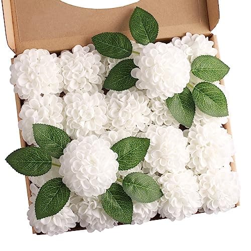 Image of N&T NIETING Artificial Flowers 20pcs Fake Dahlia Flowers with Leaves and Stems, Foam Dahlia DIY Flower for Wedding Bouquets Floral Centerpieces Arrangements Shower Party Home Decor, White