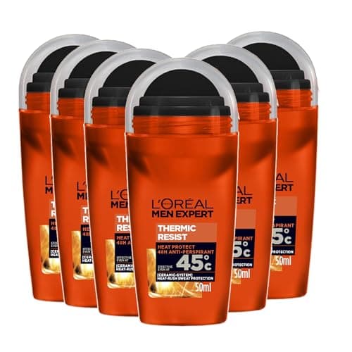Image of L'Oréal Paris Men Expert 48H Thermic Resist Anti-Perspirant Roll On Deodorant for Men, 50ml Pack of 6, Bulk Buy
