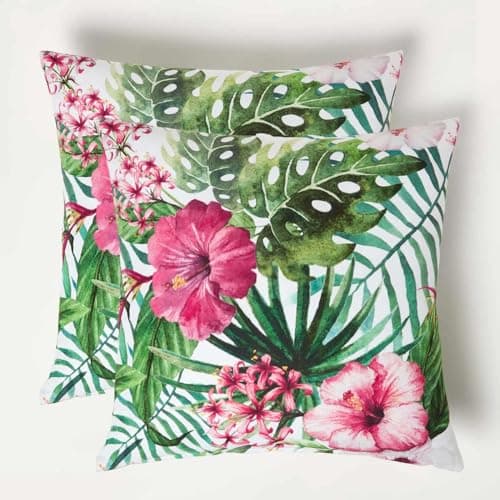 Image of HOMESCAPES Set of 2 Outdoor Cushions Waterproof, Tropical Green & Pink Filled Garden Cushion, Hypoallergenic Polyester, Decorative Pillows for Indoor & Outdoor Patio, Benches & Sofa -45x45cm