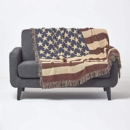 Image of HOMESCAPES USA Flag Throw Blanket, 100% Cotton, Breathable, Handwoven Throws For Sofas Large, American United States Flag Blanket For Bed & Armchair - Navy blue, Red, and Beige, 125 x 150cm