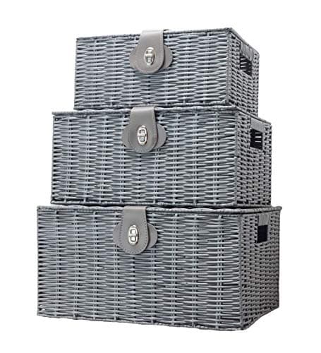 Image of Vencier Set of 3 Resin Woven Wicker Storage Basket Box with Lid & Lock, Grey, Large, Medium, Small (Grey)