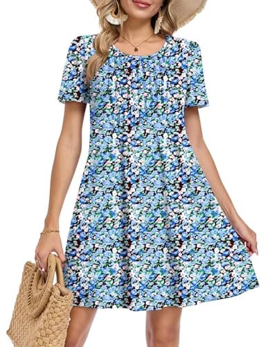 Image of MOLERANI Women's Summer Short Sleeve Midi Dresses Round Neck Loose Beach Vacation Casual Dress with Pockets Blue Flower Sea 2XL