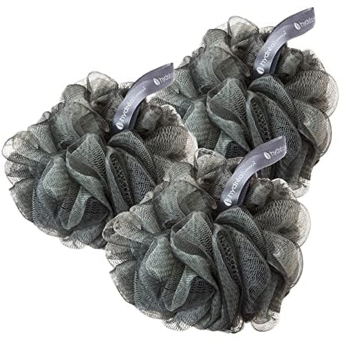 Image of Hydrea London Shower Pouf - Exfoliating Body Scrubber for Men & Women - Cleansing & Invigorating Luxury Shower Scrub - Ultra-Soft, Large, & Vegan Bath Scrunchie - Bathing Skin Buffer, Triple Pack Grey