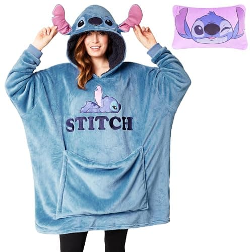 Image of Disney Stitch Blanket Hoodie - Adults 2 in 1 Oversized Fleece Hoodie Baby Yoda Minnie Mouse - Stitch Gifts (Blue Stitch)