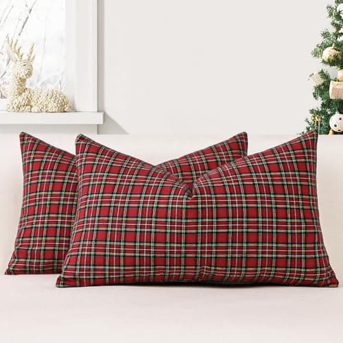 Image of JOTOM Set of 2 Classic Plaids Cushion Covers 30x50 cm Christmas Scottish Tartan Plaid Soft Solid Decorative Throw Pillow Covers Home Decor Outdoor Cushion Case for Sofa Bedroom (Red)