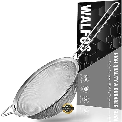 Image of Walfos Fine Mesh Strainers, Premium Stainless Steel Colanders and Sifters, with Reinforced Frame and Sturdy Handle, Perfect for Sift, Strain, Drain and Rinse Vegetables, Pastas and Tea（20cm