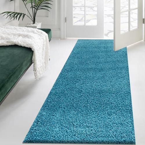 Image of PHP Modern Shaggy Rug Thick 5cm Heavy Pile Antiskid Plain Solid Extra Long Carpet Runner Rug For Bedroom Living Room Kitchen Hallway Hall Fluffy Rug (Teal, 80 x 150 cm)