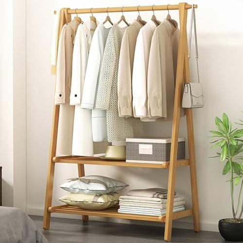 Image of ZFFDPQQ Foldable Wooden Clothes Rail, Pine Garment Rack with 2-Tier Storage Shelves Side Hooks, Free Standing Clothing Rack for Bedroom Hallway Entryway, 66/86/116x40x160cm