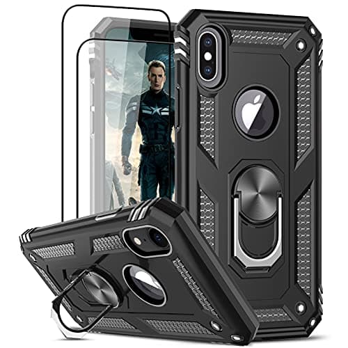 Image of LeYi for iPhone X Case/iPhone XS Case and 2 Tempered Glass Screen Protector,Ring Holder Military Grade Protective Shockproof Tough Silicone Hard Phone Cover for iPhone X/XS 5.8'' Black