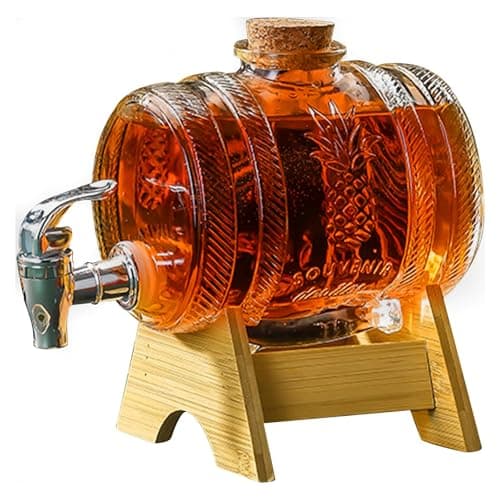Image of aleawol 1L Glass Barrel Dispenser with Tap, Glass Whiskey Barrel Decanter with Wooden Stand Whiskey Decanter Barrel Drink Dispenser for Bourbon Vodka Tequila Wine