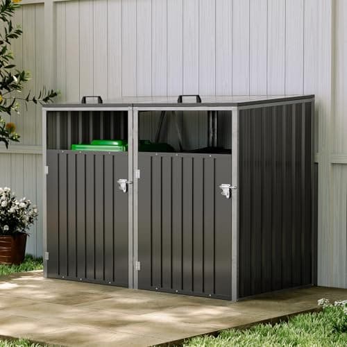 Image of Warmiehomy Wheelie Bin Storage 2 Bin Storage for Wheelie Bins Galvanized Steel Outdoor Garbage Can Store with Locking Door Double Wheeled Bins Hideaways with Lifting Lids,Charcoal Black