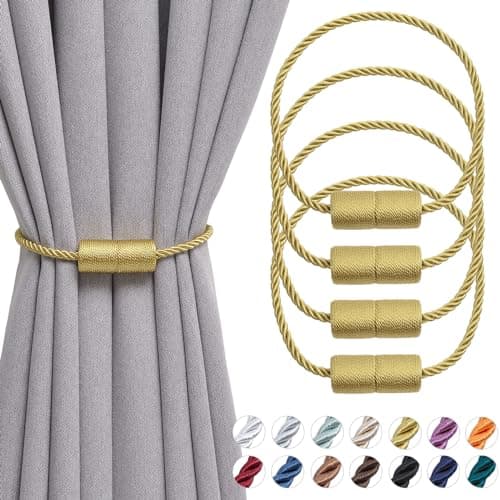 Image of Pretty Jolly 4 Pack Magnetic Curtain Tiebacks 16 Inch Handmade Weave Side Rope Curtain Holdbacks Convenient Decorative Cylinder Curtain Drape Tie Backs for Home & Office Window Drapery (Gold)