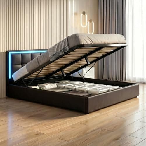 Image of Bed Frame with Storage, 4FT6 Double Faux Leather Bed, Ottoman Gas Lift Storage Bed Frame, LED Double Size Bed for Bedroom Home, Black