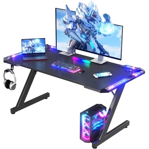 Image of Homall Gaming Desk with LED Lights, 120 x 60cm RGB Gaming Table Z Shape, Large Computer Desk with Headphone Hook, Gamer Table for Home Office, Carbon Fibre Black