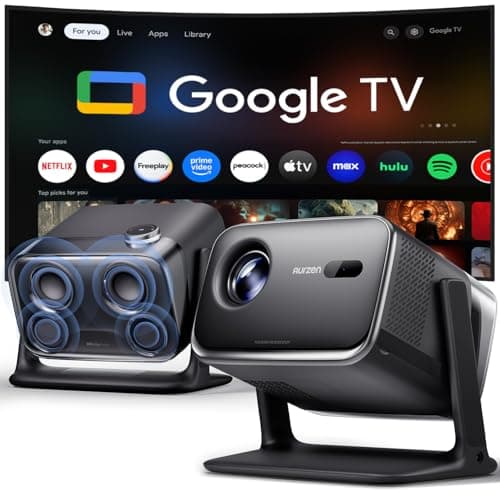 Image of Aurzen BOOM mini Google TV Smart Projector with WiFi and Bluetooth, 4K Supported Outdoor & Home Movie Projector with 20W Speakers DoIby Audio, Real-Time Focus & Keystone, 500 ANSI Lumens, Black